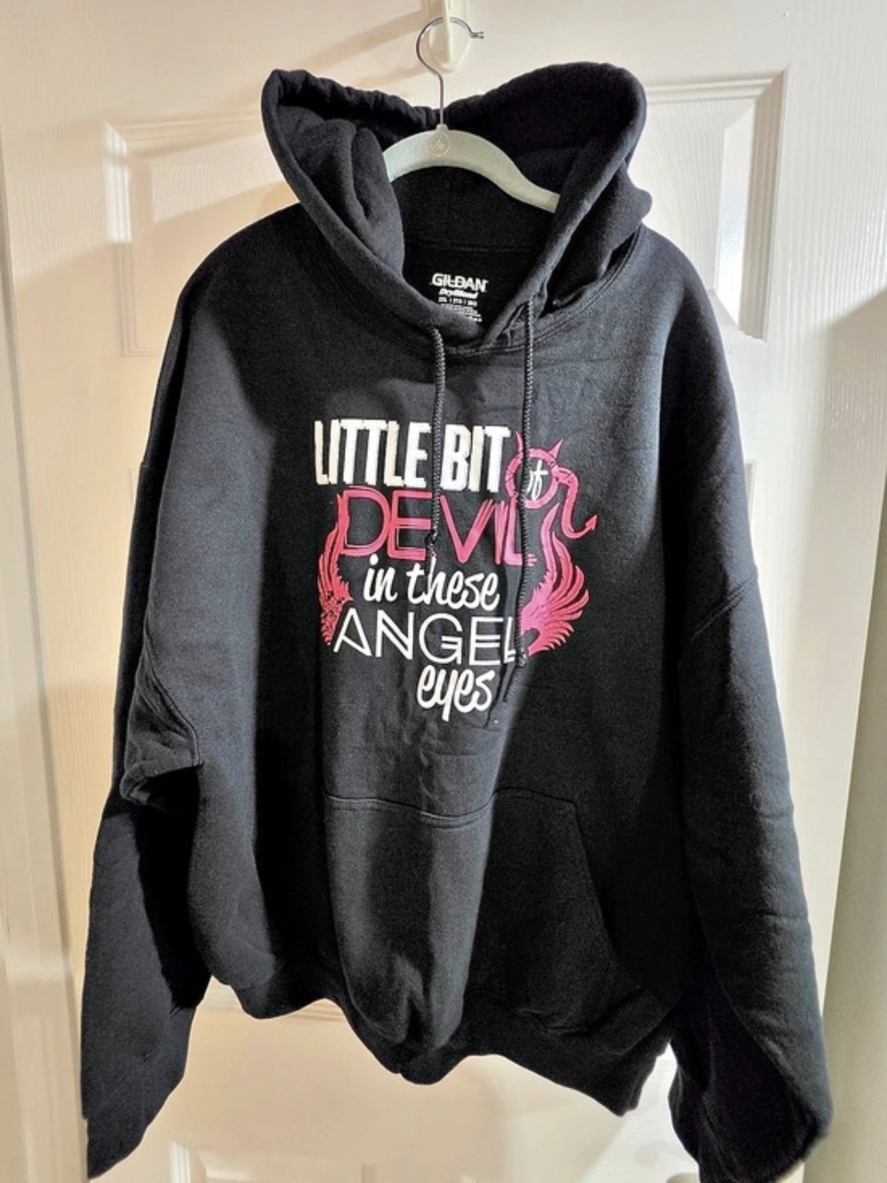 Like New- Gildan Black Hoodie-size 2x- "Little Devil In These Angel Eyes"
